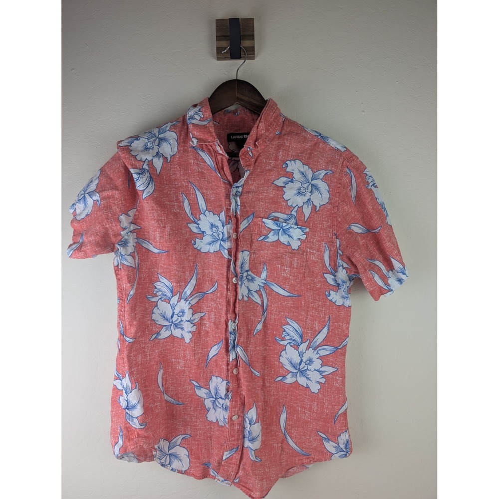 Lands End Mens Medium Tailored Fit 100% Linen Floral Short Sleeve Shirt Coral